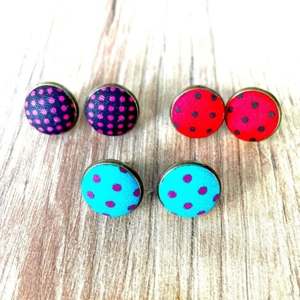 3 Pairs Polka Dot Fabric Button 12mm Stud Earrings, Handmade, NWT
